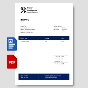 May include: A white invoice from "Super Handyman" with black text. The invoice includes details like invoice number, date, and a service description for plumbing. A blue Word document icon and a red PDF icon are on the left.