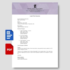 May include: A Law Firm Invoice with the Law & Justice Associates logo, invoice number, and client details. The document includes itemized charges for legal services, totaling $1,240.00. A Word document and PDF icon are on the left.