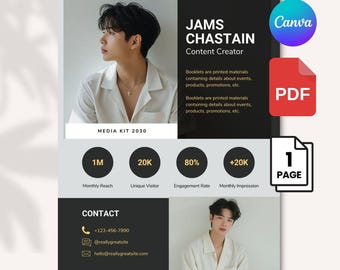 Moderne männliche Influencer Media Kit Vorlage | Bearbeitbares Canva Press Kit für Inhaltsersteller & Modelle | Stilvolle Ästhetik