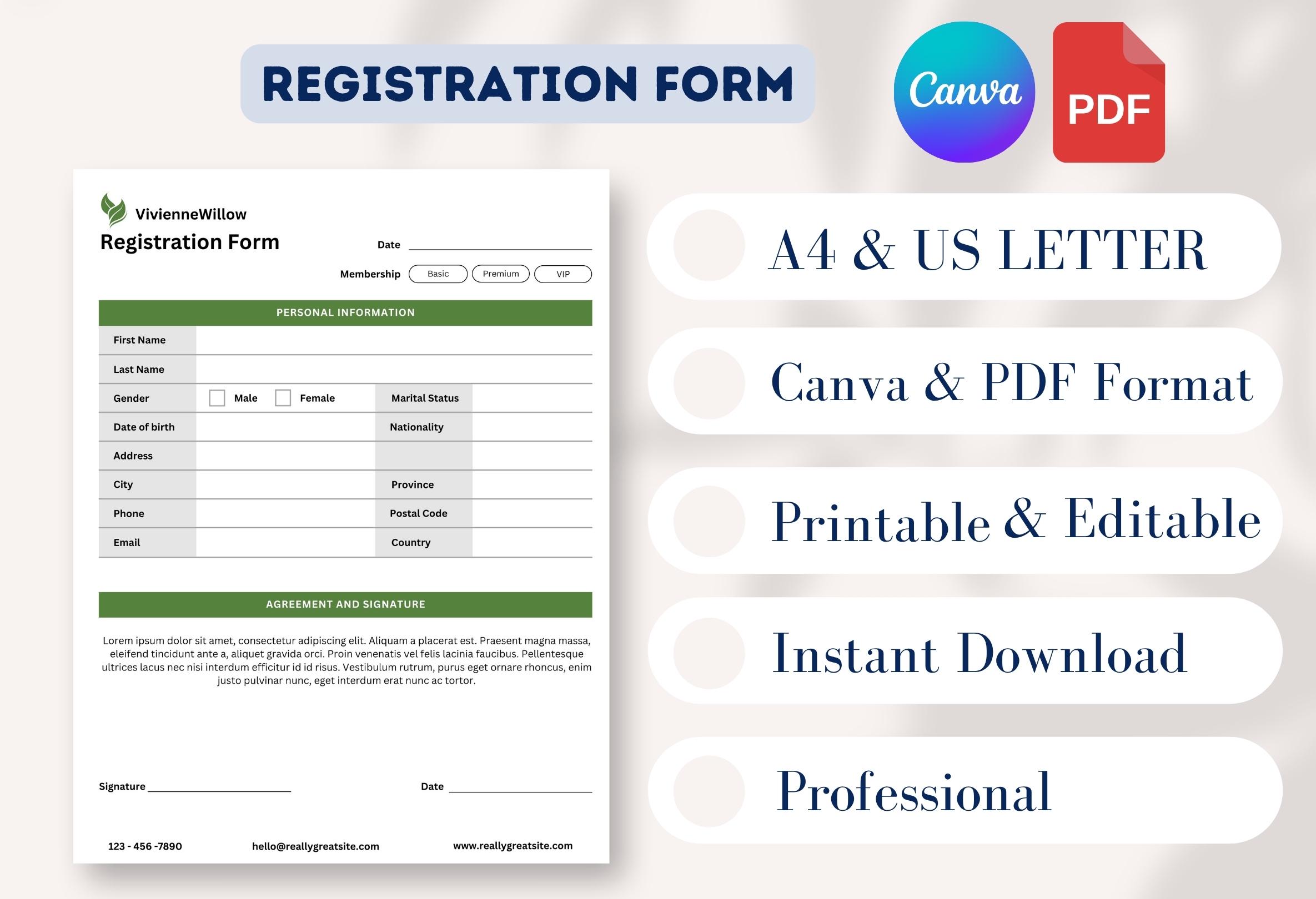 Registration Form Template | Editable Canva Sign-up Sheet | Membership ...