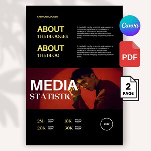 K&ouml;nnte beinhalten: Ein schwarzes und goldenes Medienkit-Template f&uuml;r einen Modeblogger. Das Design enth&auml;lt die W&ouml;rter "&Uuml;ber den Blogger", "&Uuml;ber den Blog" und "Medienstatistik". Die Vorlage enth&auml;lt auch Social-Media-Statistiken sowie ein Canva- und PDF-Logo.