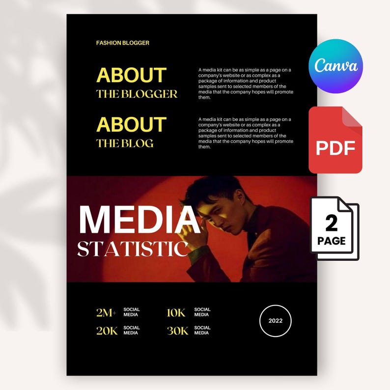 K&ouml;nnte beinhalten: Ein schwarzes und goldenes Medienkit-Template f&uuml;r einen Modeblogger. Das Design enth&auml;lt die W&ouml;rter "&Uuml;ber den Blogger", "&Uuml;ber den Blog" und "Medienstatistik". Die Vorlage enth&auml;lt auch Social-Media-Statistiken sowie ein Canva- und PDF-Logo.