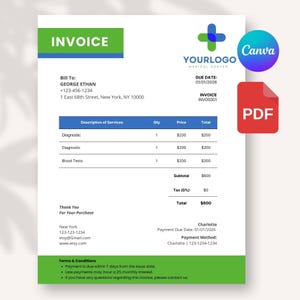 Puede incluir: Plantilla de factura médica con un diseño en verde y azul. La factura incluye secciones para información de facturación, servicios, cantidades, precios y totales. Se ven los logotipos de Canva y PDF.