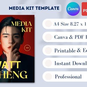 K&ouml;nnte beinhalten: Eine Medien-Kit-Vorlage mit rotem Hintergrund und einem Mann in einem schwarzen Anzug. Die W&ouml;rter "MEDIA KIT" und "WATT ZHENG" sind in gro&szlig;en gelben Buchstaben geschrieben. Zus&auml;tzlicher Text enth&auml;lt "A4-Format 21 x 29,7 cm" und "Canva & PDF Format."