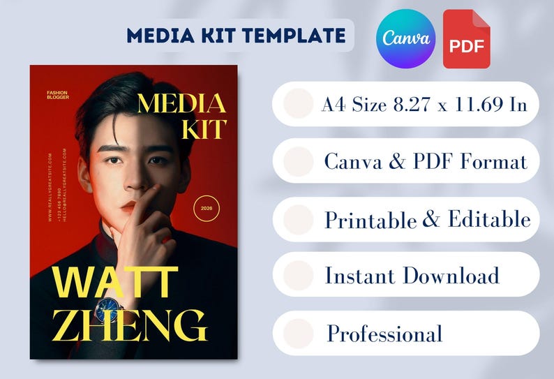 K&ouml;nnte beinhalten: Eine Medien-Kit-Vorlage mit rotem Hintergrund und einem Mann in einem schwarzen Anzug. Die W&ouml;rter "MEDIA KIT" und "WATT ZHENG" sind in gro&szlig;en gelben Buchstaben geschrieben. Zus&auml;tzlicher Text enth&auml;lt "A4-Format 21 x 29,7 cm" und "Canva & PDF Format."