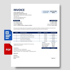 May include: An invoice from Schroeder-Tillman Furniture, dated April 29, 2040, with invoice number 98765. The invoice includes details for Marvin Chapa, listing items like a black convertible sofa, grey armless leather chairs, and a blue office desk chair. A PDF and Word icon are visible.