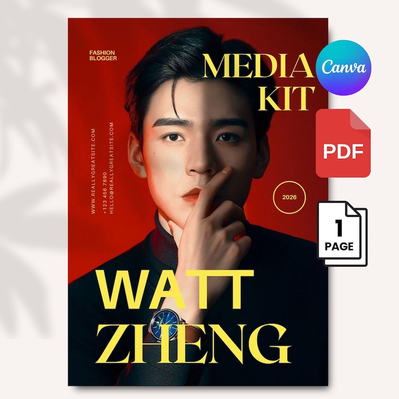 K&ouml;nnte beinhalten: Ein rotes Medienkit-Cover mit einem Mann im schwarzen Anzug, den Worten "MEDIA KIT" und "WATT ZHENG" in Gold. Enth&auml;lt "Canva"- und "PDF"-Symbole sowie den Text "FASHION BLOGGER" und Website-Informationen.