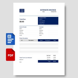 May include: A professional estimate invoice template with a blue and white design. The document includes fields for company and customer information, project descriptions, and totals. A Word document and PDF icon are also visible.