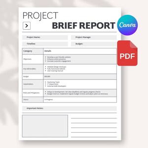 May include: A white project brief report template with the text "PROJECT BRIEF REPORT" at the top. The document includes sections for project name, timeline, objectives, budget, and stakeholders. A "Canva" logo and a PDF icon are in the upper right corner.