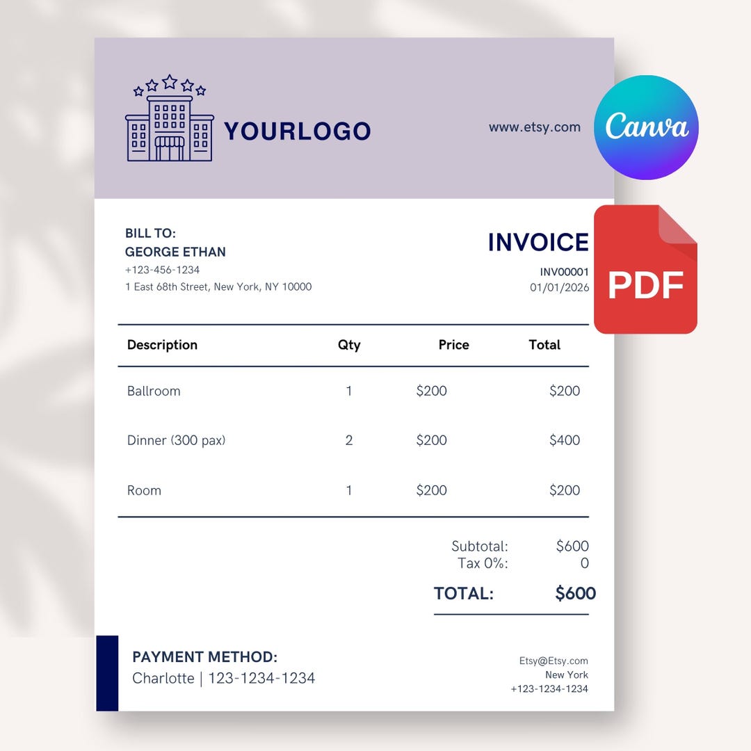 Elegant Event Venue Invoice | Ballroom, Dinner & Room Booking Template ...