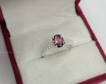 Rhodolite Garnet Engagement Ring | 9k White Gold Pink Purple Garnet | Handmade Silver Ring | Valentine Gift for Her