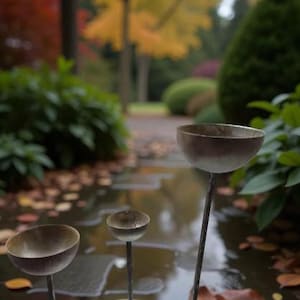 Puede incluir: Tres estacas de jard&iacute;n met&aacute;licas en forma de cuenco de diferentes alturas se mantienen erguidas. Cada estaca cuenta con un tallo delgado y fino que sostiene un cuenco plateado, liso y redondeado, dise&ntilde;ado para recoger agua o peque&ntilde;os objetos.