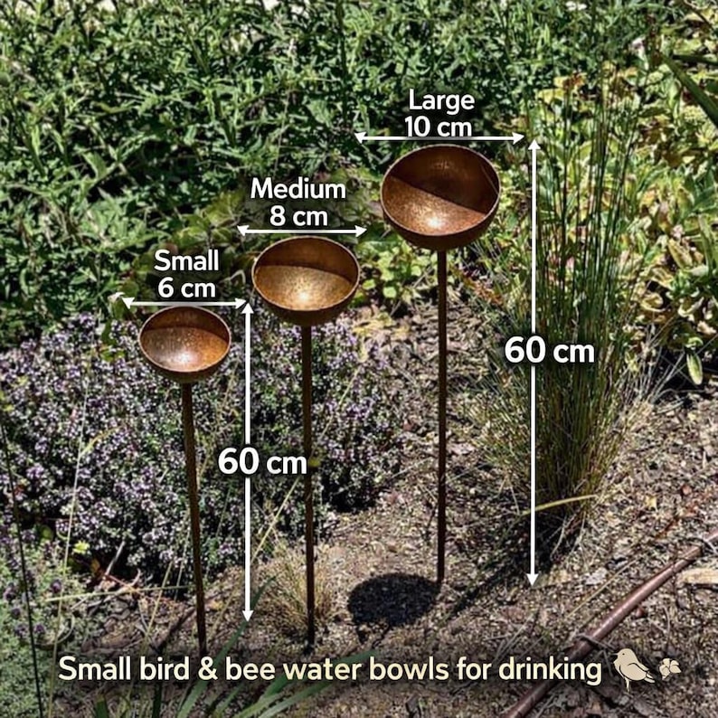 Juego rústico de metal para recoger agua de lluvia: decoración de jardín, fuente de agua para exteriores, cuencos para pájaros y abejas. imagen 2