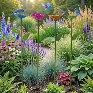 May include: A garden scene shows four flower-shaped bird feeders in various colours, with bluebirds perched on them. The feeders have green stems with leaf details, set in a garden with purple, pink, and green plants.
