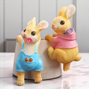 May include: Two decorative bunny figurines. One bunny wears blue dungarees with carrot details, and the other wears a pink hoodie with a purple flower crown. Both are yellow with pink-lined ears and are posed on a white ceramic pot.