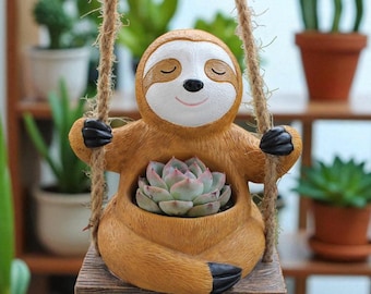 Sloth Succulent Planter Pot on Swing – Cute Hanging Animal Pot for Cactus, Herbs & Small Plants, Indoor Outdoor Garden Decor Gift