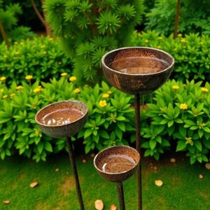Puede incluir: Tres cuencos de jard&iacute;n de color marr&oacute;n oscuro a distintas alturas, cada uno lleno de agua. Los cuencos est&aacute;n montados sobre finas varillas met&aacute;licas oscuras, creando una disposici&oacute;n escalonada. Las superficies de los cuencos parecen texturizadas.