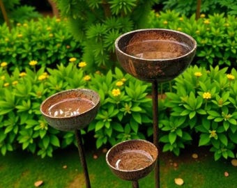 Rustic Metal Rain Catcher Set – Garden Decor, Outdoor Water Feature, Bird Bee Bath Bowls