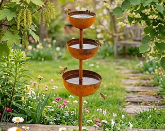 Comedero de metal para pájaros con estaca para jardín, bebedero para abejas y mariposas, cuenco para recoger agua de lluvia, decoración de jardín para exteriores, regalo artístico para el jardín