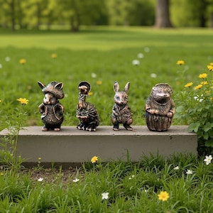 Op de afbeelding: Vier bronzen dierenbeeldjes, waaronder een konijn, een egel en twee andere wezens, staan op een betonnen richel. De beeldjes zijn gedetailleerd met kleding en accessoires, tegen een achtergrond van groen gras en gele bloemen.
