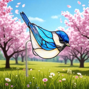 Op de afbeelding: Een glas-in-lood vogel in blauw en wit, gemonteerd op een heldere metalen standaard. De vogel staat tegen een achtergrond van roze kersenbloesem bomen, groen gras en een blauwe lucht. Een decoratief tuinelement.