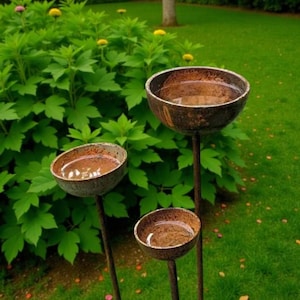 Puede incluir: Tres estacas de jard&iacute;n con forma de cuenco circular, hechas de metal oscuro y desgastado con un acabado oxidado y texturizado. Cada cuenco est&aacute; montado sobre una varilla met&aacute;lica vertical delgada y lleno de agua, reflejando el follaje verde.