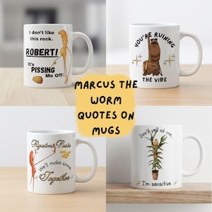 May include: Four white ceramic mugs with humorous quotes and illustrations. One mug says "I don't like this rock. ROBERT! It's PISSING Me Off!" Another says "You're ruining the vibe." The third says "Rigatoni Paste. We'll make some together." The last says "Don't yell at me. I'm sensitive."