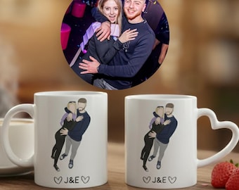 Personalised Couple Photo to Line Art Mug, Heart Shaped Handle Cup, Custom Engagement Gift, Valentines Day Mug, Gift for Husband Wife