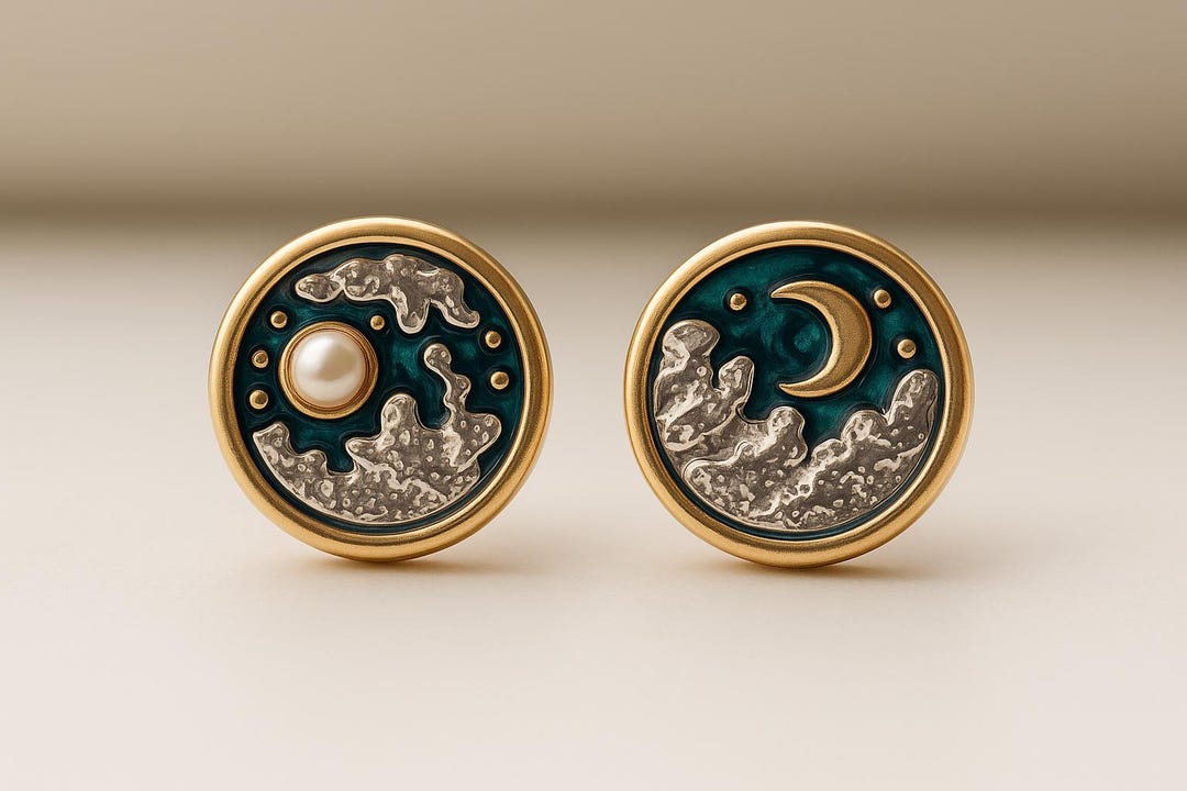 Blue Night Sky Sun and Moon Earrings | Celestial Asymmetrical Studs With Pearl - Etsy Japan