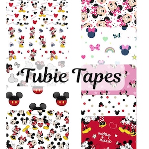 May include: A selection of fabric samples showcasing Mickey and Minnie Mouse designs. Patterns include polka dots, character faces, and silhouettes in red, black, white, and pink. The text "Tubie Tapes" is displayed in the centre.