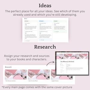 May include: A digital interface with the word "Ideas" at the top, showcasing a list of notes and a section for research. The image also displays a section for research with the text "Research" and a screenshot of a digital document.
