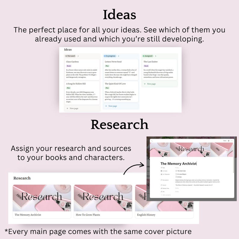May include: A digital interface with the word "Ideas" at the top, showcasing a list of notes and a section for research. The image also displays a section for research with the text "Research" and a screenshot of a digital document.
