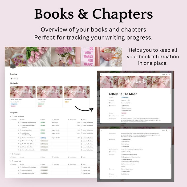 May include: A digital interface titled "Books & Chapters" with the text "Overview of your books and chapters". The interface displays book titles, chapter details, and progress tracking. The interface also includes the text "Helps you to keep all your book information in one place."