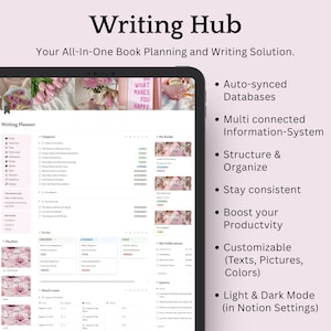 May include: A digital tablet displays the "Writing Hub" interface, a book planning and writing solution. The screen shows a writing planner with sections for chapters, to-do lists, and quotes. Text on the right highlights features like auto-synced databases and customizable options.