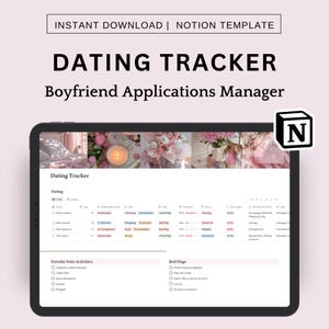 Op de afbeelding: Een digitale tablet toont een "Dating Tracker" Notion-sjabloon. Het scherm toont een tabel met relatiegegevens, vlaggen en date-activiteiten. De bovenste banner luidt "Direct downloaden | Notion-sjabloon".