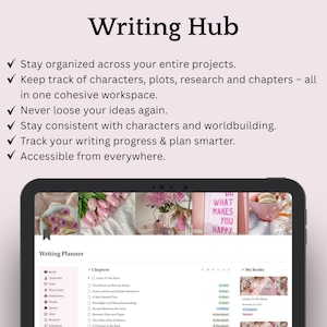May include: A digital tablet displaying a writing planner interface. The screen shows a list of chapters, book titles, and a section titled "My Books." Above the tablet, the words "Writing Hub" are displayed, along with bullet points describing the app's features.