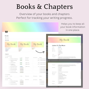 May include: A digital planner interface titled "Books & Chapters" with a pastel rainbow gradient header. The interface displays book titles and chapter details, designed for tracking writing progress. Text includes "My Book" and "Letters To The Moon."