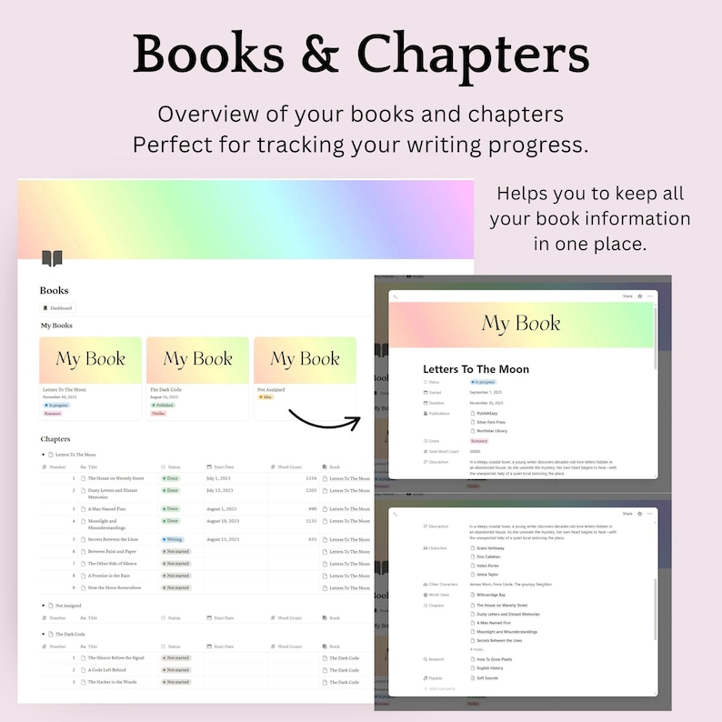 May include: A digital planner interface titled "Books & Chapters" with a pastel rainbow gradient header. The interface displays book titles and chapter details, designed for tracking writing progress. Text includes "My Book" and "Letters To The Moon."