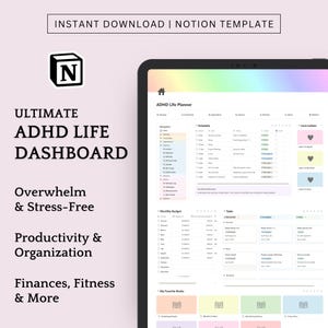 Könnte beinhalten: Eine digitale ADHD Life Planner-Vorlage auf einem Tablet, mit Abschnitten für Planung, Produktivität und Finanzen. Der Bildschirm zeigt ein farbenfrohes, organisiertes Layout mit dem Text "ADHD Life Planner" und "Ultimate ADHD Life Dashboard."