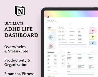 ADHD Notion Life Planner, ADHD Notion Template, Neurodivergent Notion Planner for Productivity, Organization, Finances, Self Care Dashboard