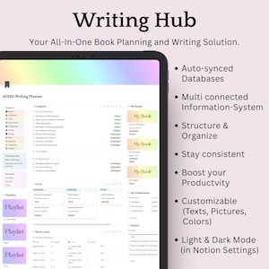 May include: A digital tablet displays the "Writing Hub" interface, a book planning and writing solution. The screen shows a planner with sections for chapters, to-do lists, and word counts. Text on the right highlights features like auto-synced databases and customizable options.