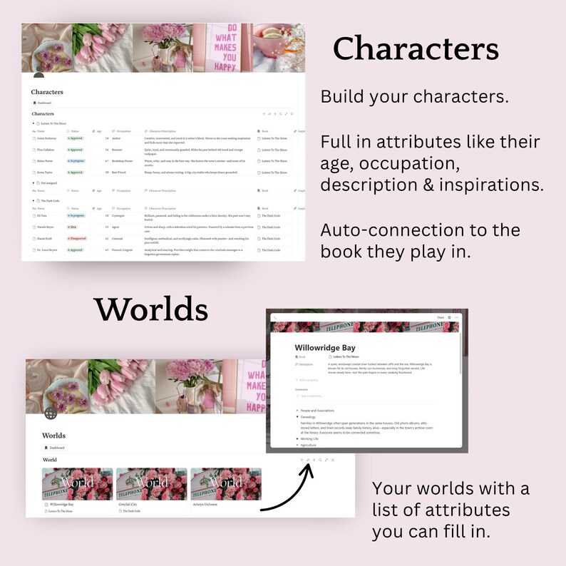 May include: A digital interface with the words "Characters" and "Worlds" displayed. The interface includes sections for building characters and creating worlds, with the text "DO WHAT MAKES YOU HAPPY" visible in the background.