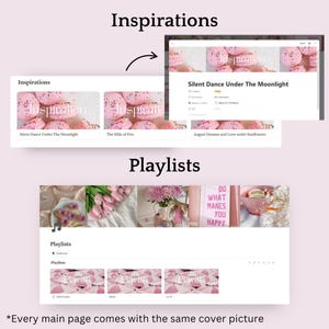 May include: A digital interface with the title "Inspirations" and "Playlists" is displayed. The "Inspirations" section features images with text, including "Silent Dance Under The Moonlight." The "Playlists" section showcases various images and text, with the phrase "Do What Makes You Happy."