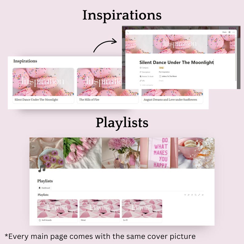 May include: A digital interface with the title "Inspirations" and "Playlists" is displayed. The "Inspirations" section features images with text, including "Silent Dance Under The Moonlight." The "Playlists" section showcases various images and text, with the phrase "Do What Makes You Happy."