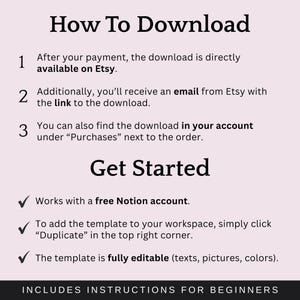 May include: A pink graphic with the title "How To Download" and numbered instructions for downloading a template from Etsy. The text includes steps for accessing the download after purchase and getting started with a free Notion account.