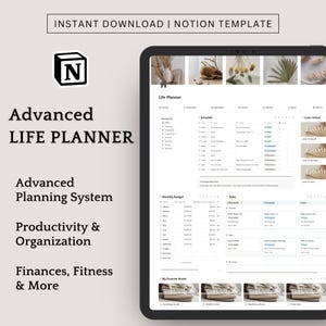 Könnte beinhalten: Ein digitaler Tablet-PC, der eine "Life Planner"-Vorlage mit Zeitplan-, Budget- und Aufgabenlisten anzeigt. Der Text enthält "Produktivität & Organisation" und "Finanzen, Fitness & Mehr". Oben im Bild steht "INSTANT DOWNLOAD | NOTION TEMPLATE."