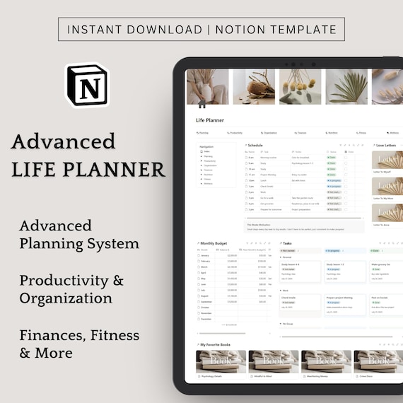 Life Planner Notion Hubs, Life Dashboard Notion Template, Boho Notion Planner for Productivity, Organization, Finances, Self Care, Nutrition