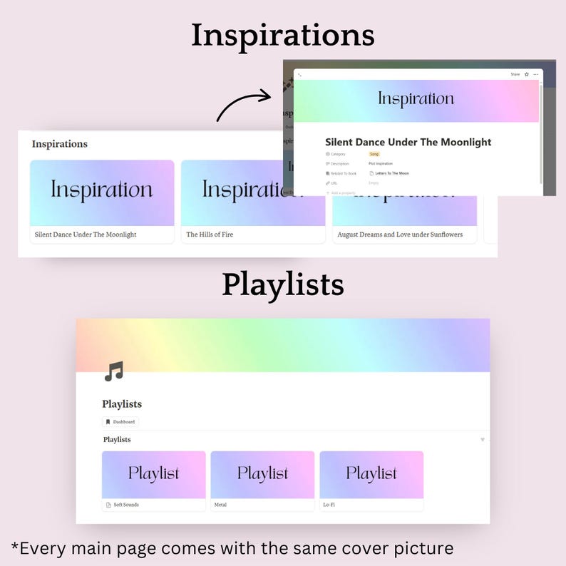 May include: A digital interface with the word "Inspirations" at the top, showcasing a design with a gradient background. The interface displays "Inspiration" and "Playlists" sections, with text like "Silent Dance Under The Moonlight".