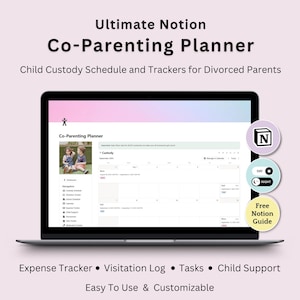Könnte beinhalten: Ein Laptop zeigt die "Ultimate Notion Co-Parenting Planner"-Oberfläche, konzipiert für die Planung und Verfolgung der Kinderbetreuung. Der Bildschirm zeigt eine Kalenderansicht mit Ausgabenverfolgung, Besuchsaufzeichnungen und Aufgabenverwaltungsfunktionen. Einfach zu bedienen und anpassbar.