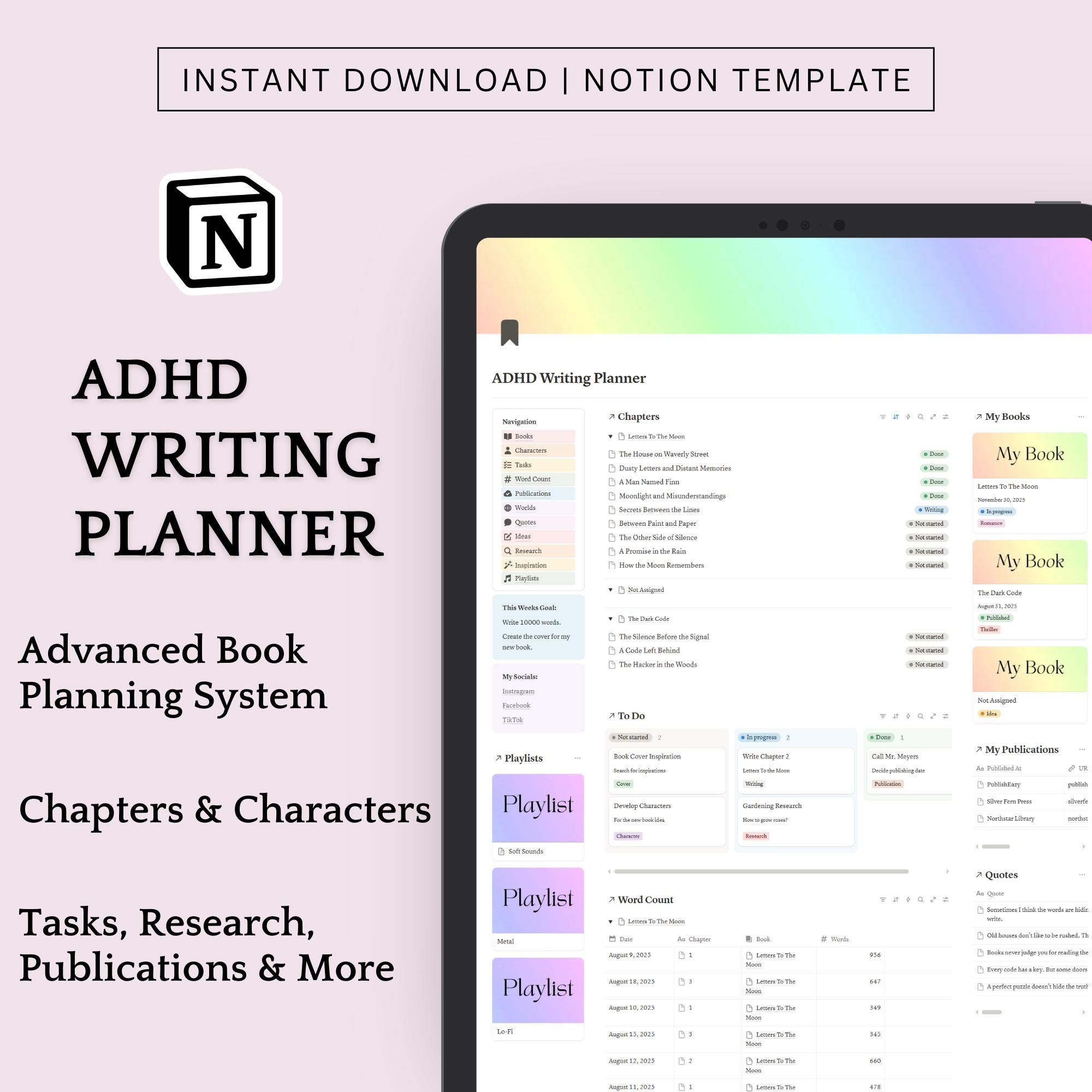 ADHD Notion Book Writing Planner Template for Writers, Book Series ...